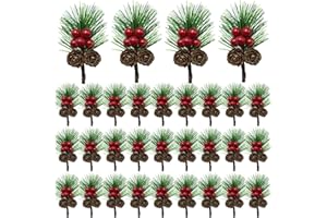 DOUBLEWOOD Christmas Floral Picks with Pine Cones and Holly Berries, 30Pcs Artificial Pine Greenery Stems Christmas Picks and Sprays for Holiday Decoration, Crafts, Gift Wrap Embellishments (30)