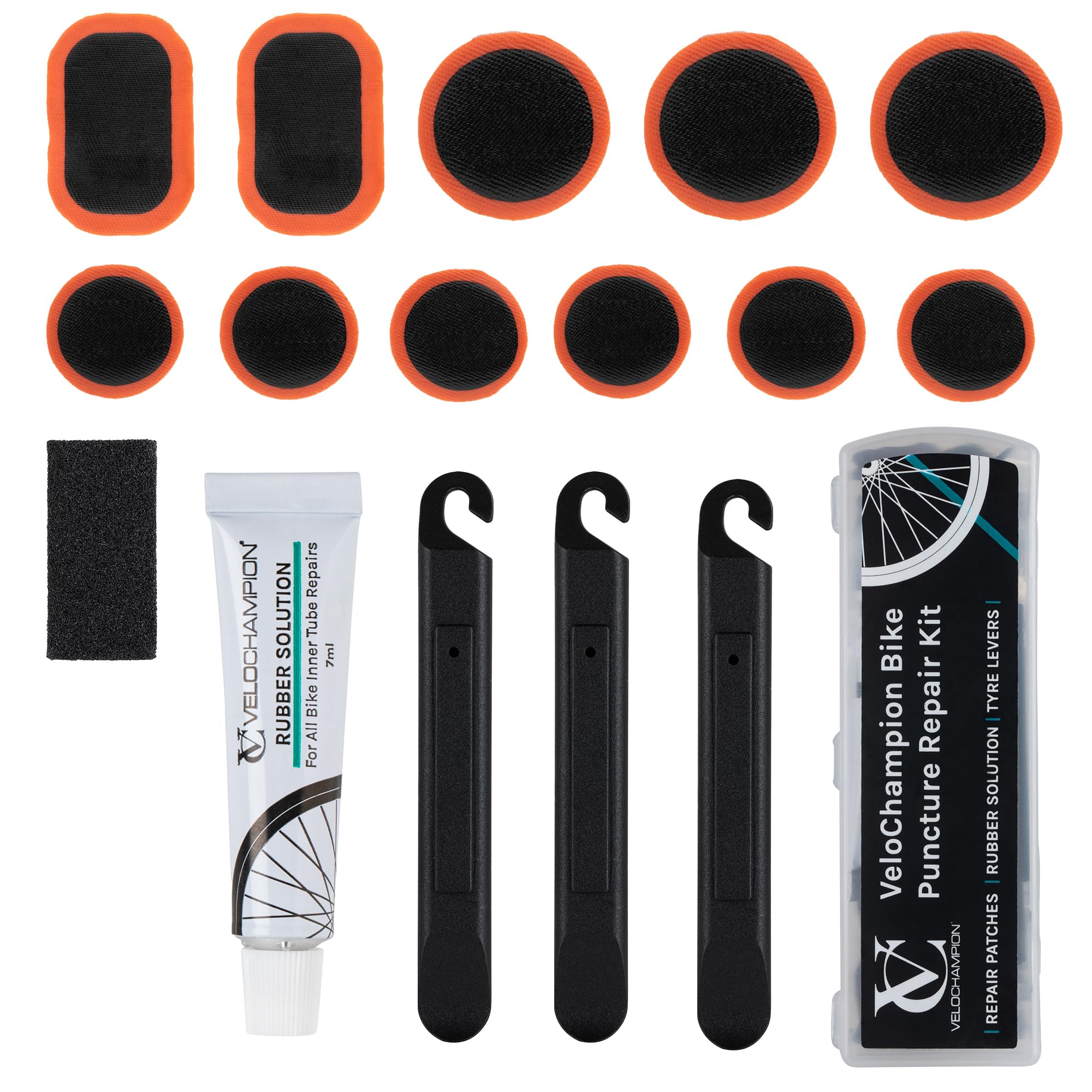 VeloChampion Glue Bike Tyre Puncture Repair Kit with Vulcanising Rubber Solution and Storage Case for All Bicycles; Road, Mountain, Commuter Bikes. 11 Repair Patches. 3 Tyre Levers