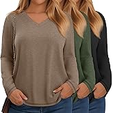 Velvelhall 3 Pack Women's Plus Size T-Shirt, Raglan Long Sleeve V Neck Tunic Tops Loose Fit Casual Basic Tee Shirt