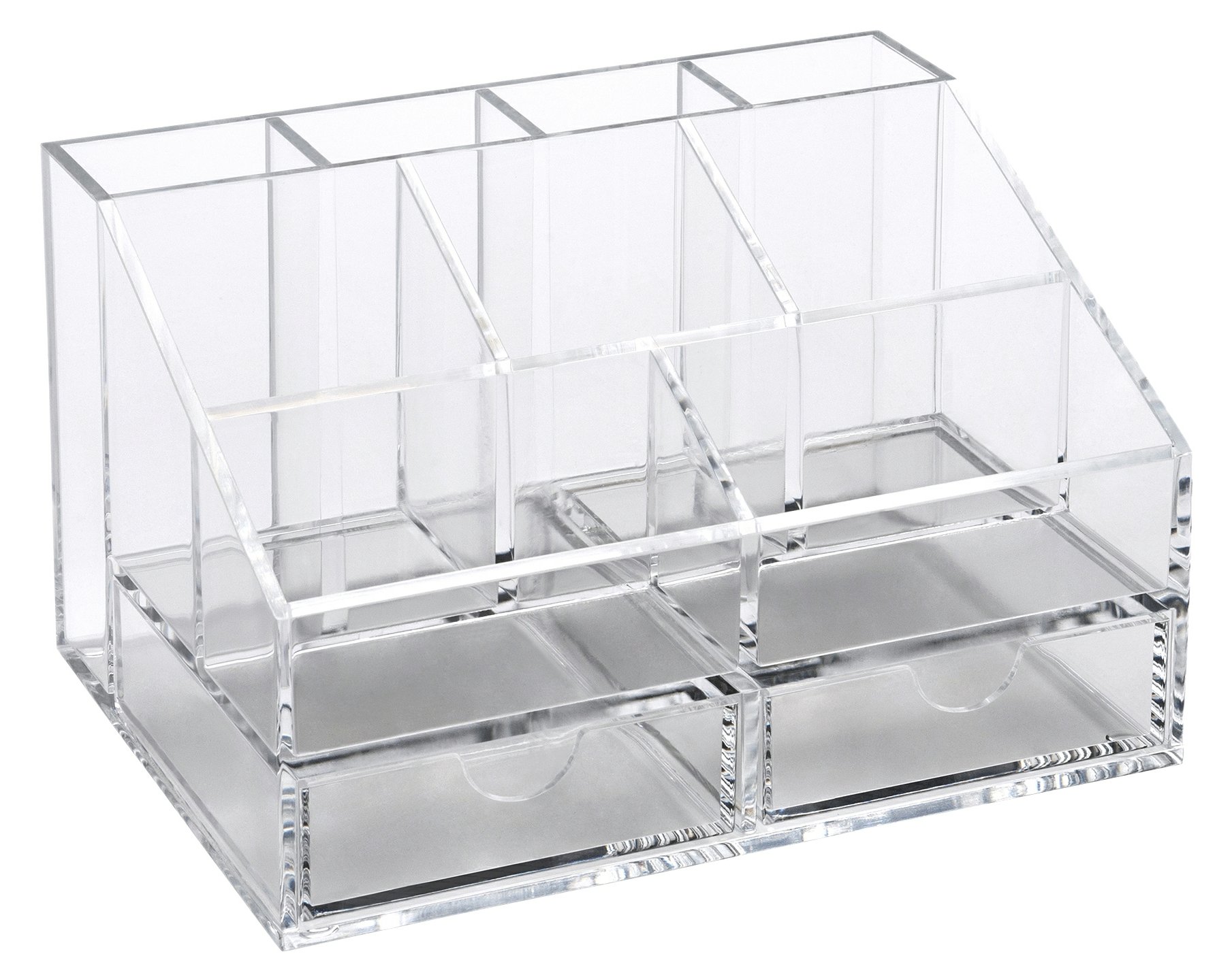 OSCO Clear Acrylic Desk Organiser – 9 Compartments & 2 Drawers – Transparent Desktop Storage for Stationery, Makeup, Office & Home Workspace – H10 × W16.5 × D12 cm