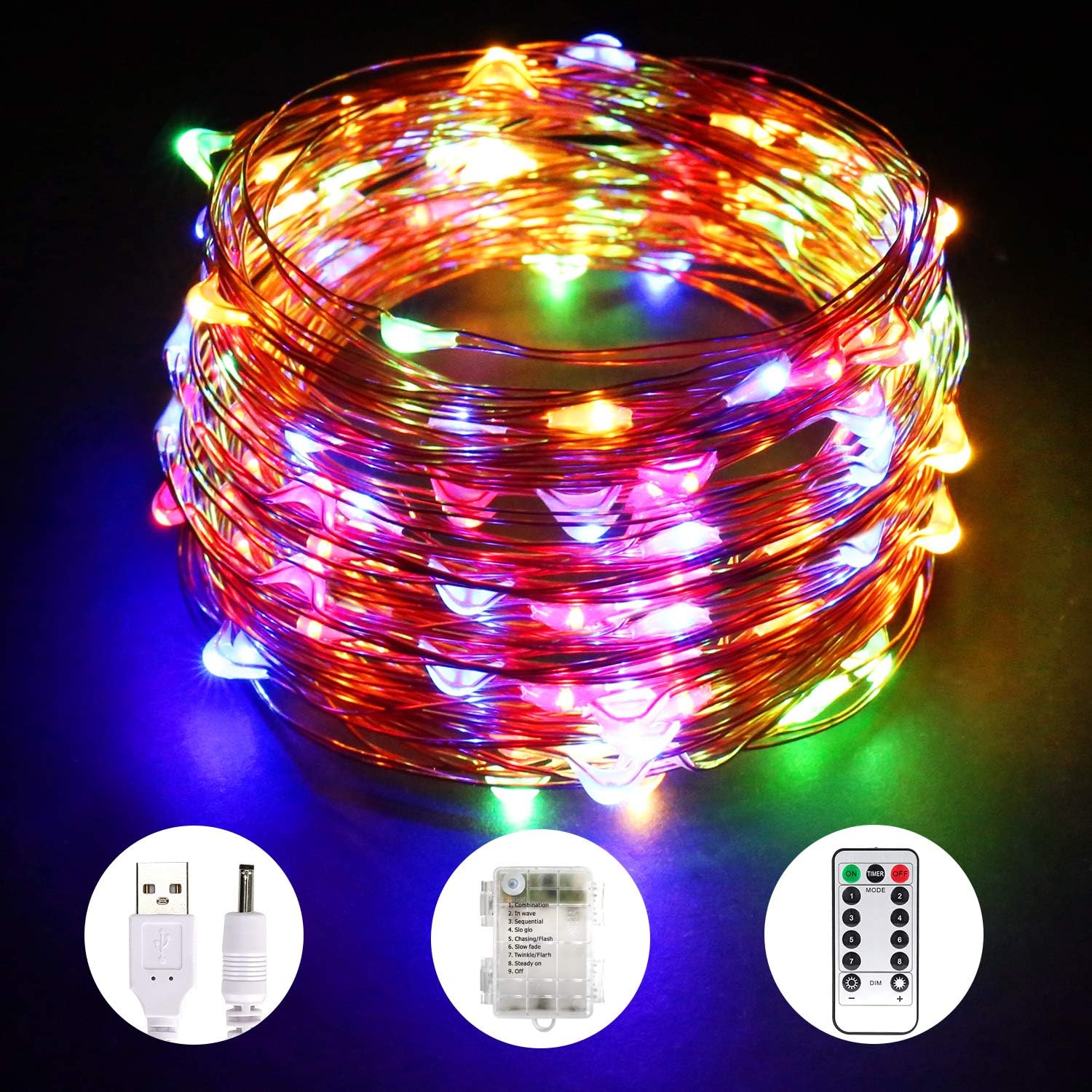 Aluan Fairy Lights 100 LED 33 FT Copper Wire Christmas Lights USB & Battery Powered Waterproof LED String Lights with 8 Modes for Indoor Outdoor Bedroom Wedding Party Patio Decor, Multi-Color