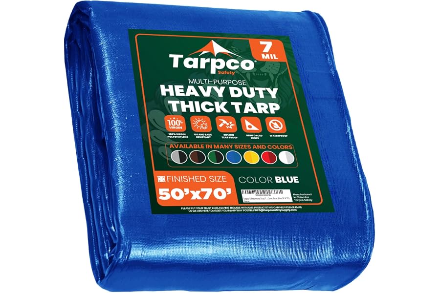 Tarpco Safety Heavy Duty 7 Mil Tarp Cover, Waterproof, UV Resistant, Rip and Tear Proof, Poly Tarpaulin with Reinforced Edges for Roof, Camping, Patio, Pool Cover, Boat (Blue 50′ X 70′)