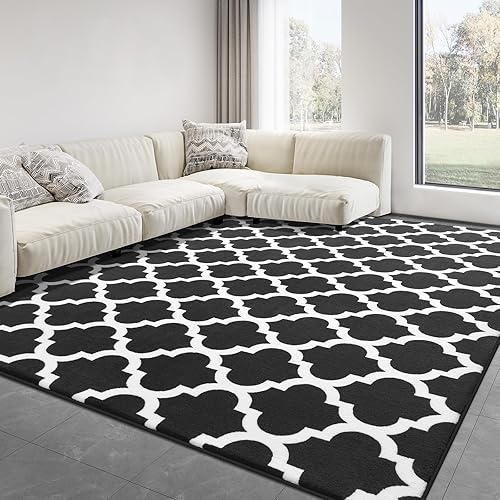 Large Geometric Modern Area Rug for Living Room Bedroom, 5x8 ft Plush Moroccan Bedroom Rugs Kids Rugs for Playroom Soft Throw Carpets for Office Dining Room Decor, Dark Grey & White