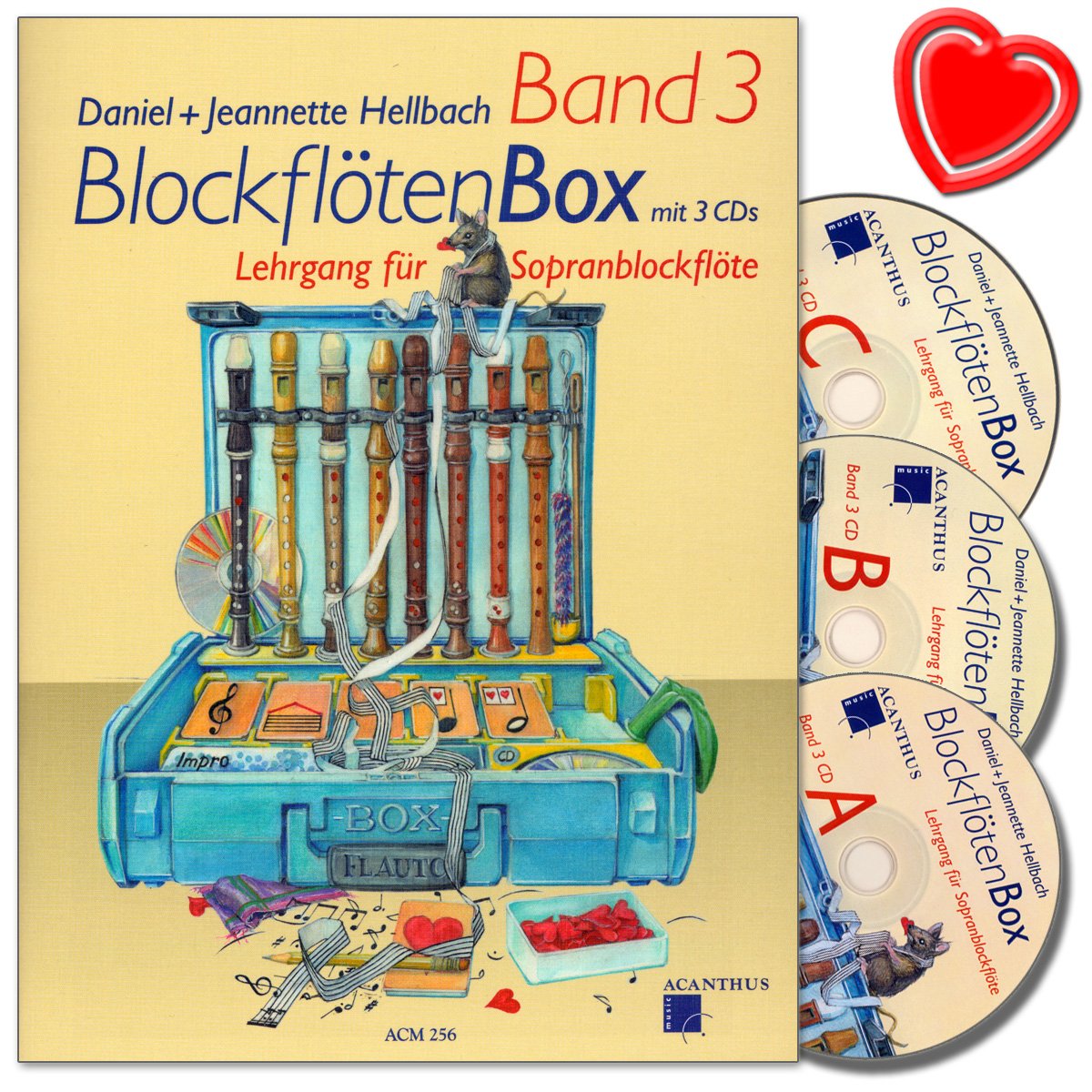 Acanthus Music Recorder box Volume 3 with three CDs of Daniel Hellbachgame pieces, improvisations, technical exercises, theory and music readingwith colorful heart-shaped note clip