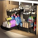 Sevenblue 3 Pack Multi-Purpose Under Sink Organizers and Storage, 2026 L-Shaped Pull Out Cabinet Organizer for Bathroom & Kitchen, Under Cabinet Organizer with Hooks Hanging cup, Black, 14.85 inch
