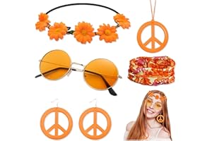 5Pcs Hippie Costume Set, Hippie Accessories for Women, Peace Sign Hippie Necklaces Earrings Glasses Sunflower Crown Headband
