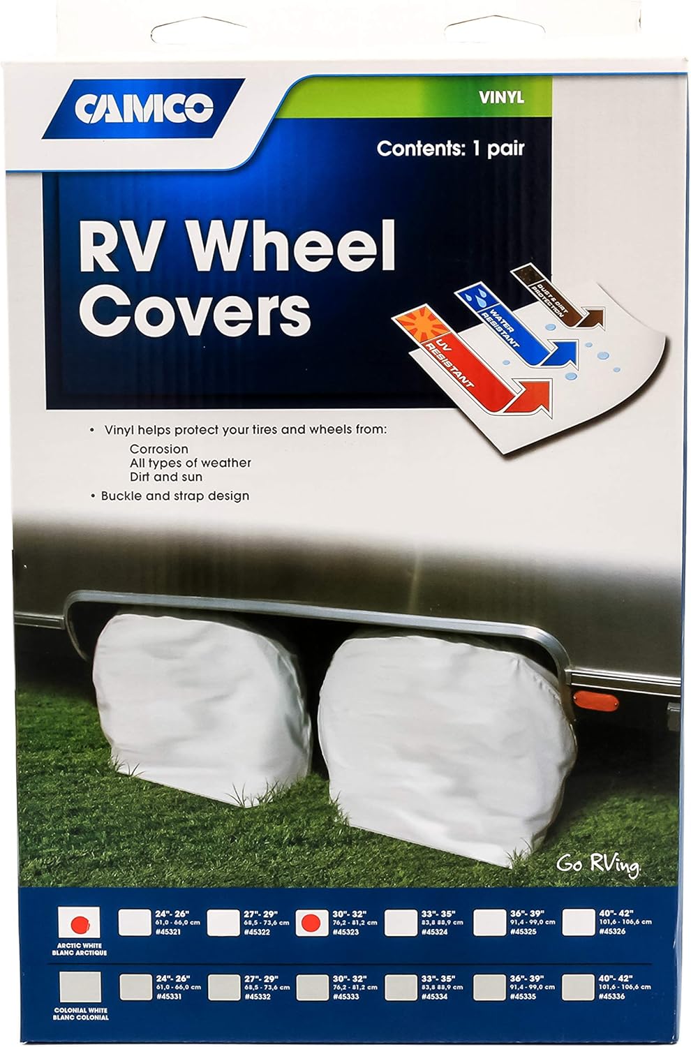 Camco Vinyl Weatherproof Wheel Cover - Protects Tires From Sun, Dirt, and Corrosion, Fits 30"- 32" Tires - White (2 Pack) (45323): Automotive