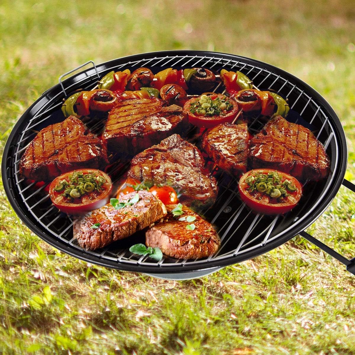 Kanizz Rolling Barbeque Backyard Charcoal Grill w/Lid-Mounted Temperature Gauge, Premium Patio Outdoor Camping Charcoal Grill BBQ Cooker with Wheels&Trianglular Bottom Shelf, Dia 18.5 Inches