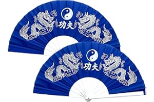 TJ Global Pack of 2 Large Folding Hand Fans with Chinese Dragons for Home Decor, Raves, Festivals, Concerts, Shows - 13 Inch (Blue)