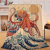 Japanese Octopus Throw Blanket Rustic Octopus Fleece Plush Super Soft Cozy Warm Lightweight Ocean Nautical Decor Gifts for Boys Girls Kids Adults Men Women 40" x 50"