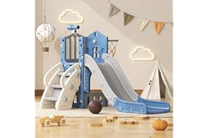 YUFU 5 in 1 Toddler Slide, Kids Slide with Climber, Basketball Hoop and Ball, Outdoor Indoor Playset for Toddlers Age 1-3 (Blue+Gray)