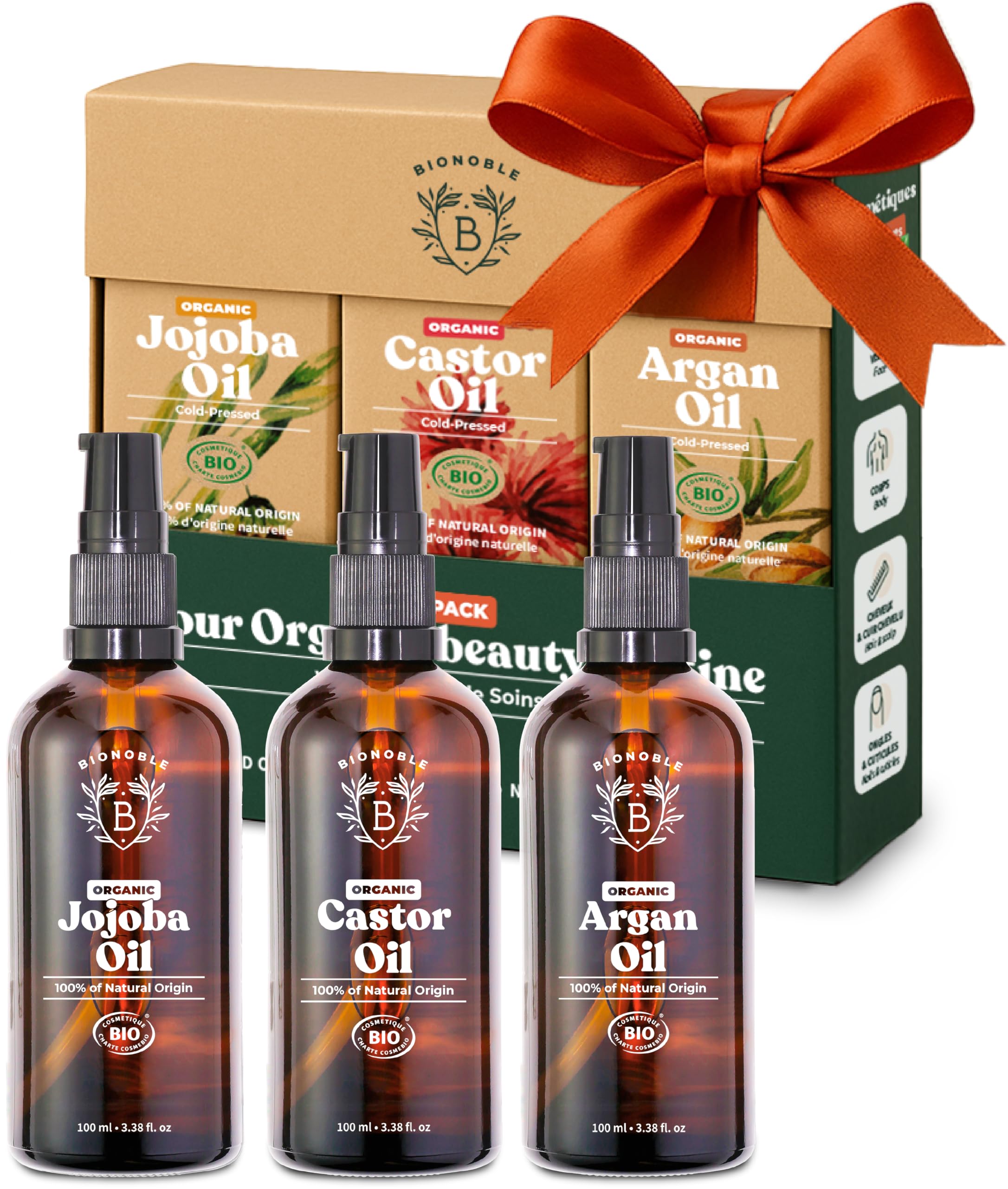 Bionoble Skincare Set 3x100ml - Organic Castor Oil, Argan Oil and Jojoba Oil - Face, Body and Hair Care - Birthday Gifts for Women