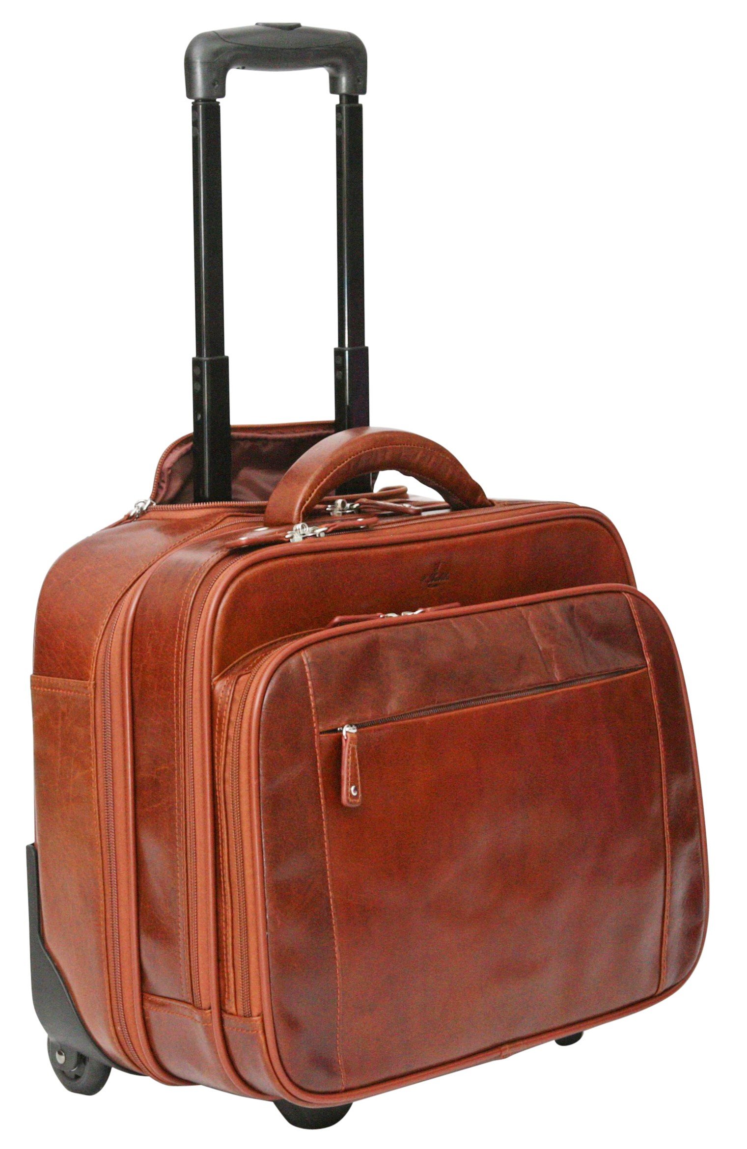 S Babila Leather Travel Bag - Removable Laptop Pouch and Hidden Trolley System - Cognac