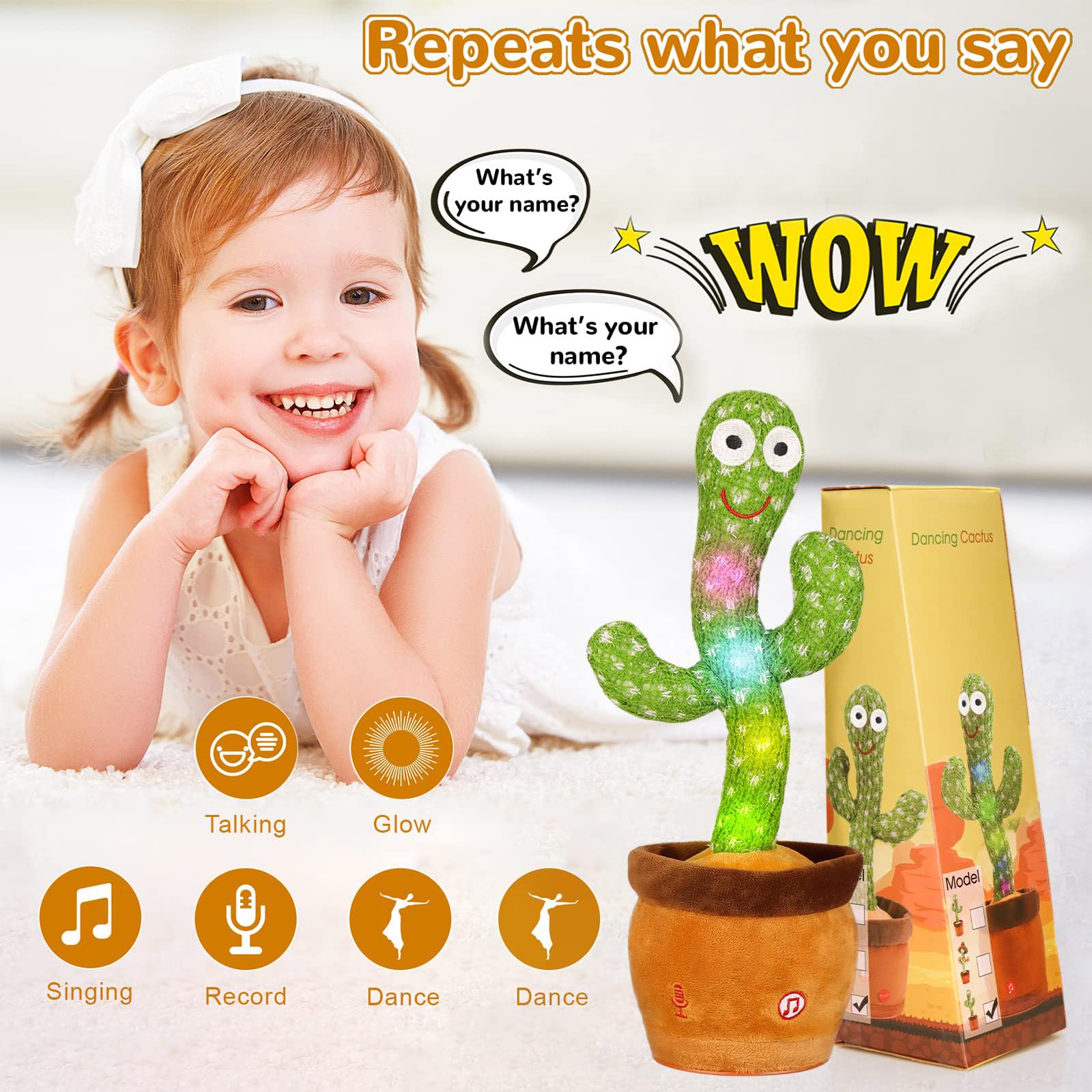 MILEGI Dancing Talking Cactus Toy, Baby Singing Recording Mimicking Cactus Toy, Repeats What You Say, Musical Interactive Infant Toddler Toys for 1 Year Old Boys Girls