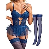 Tidouk Womens Lingerie Set Sexy Lace Bodysuit with Detachable Mesh Mini Skirt Push up Garter Lingerie Sets(4pcs)