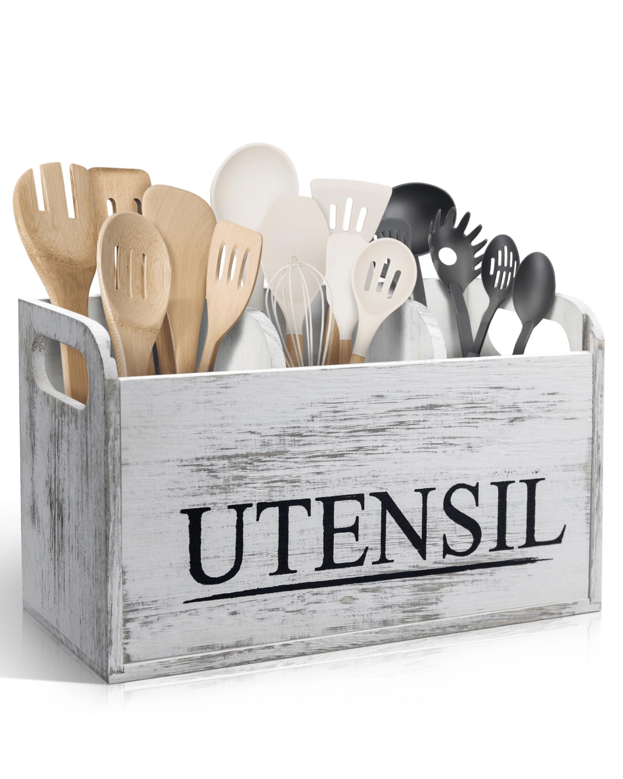 Photo 1 of brekle White Kitchen Utensil Holder Rustic Large Wooden Utensil Organizer Cooking Tools Storage