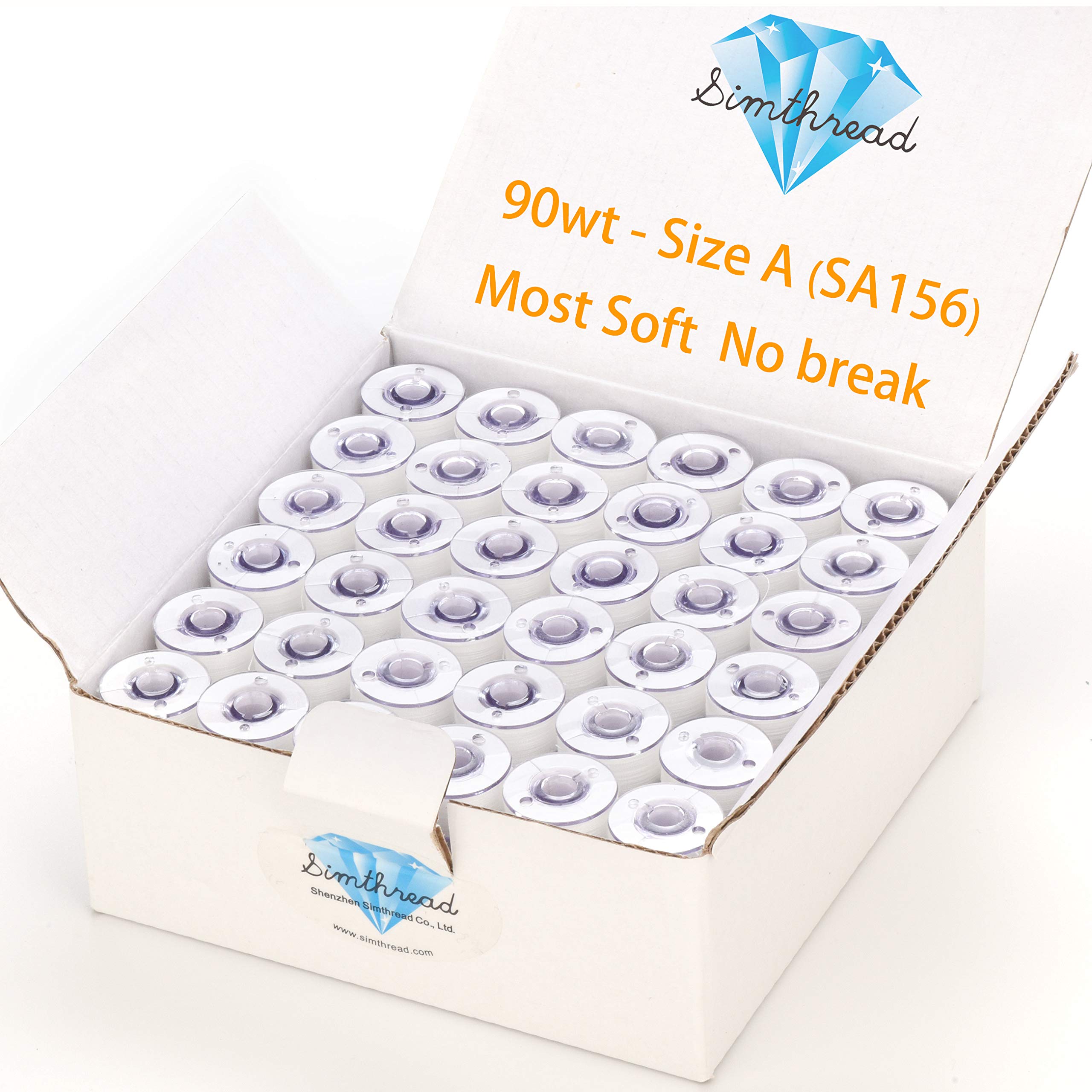 Simthread 144pcs White 90 Weight WT(60S/2) Prewound Bobbins Thread Size A Class 15 Plastic Sided for Brother Babylock Embroidery Thread Sewing Thread Machine DIY