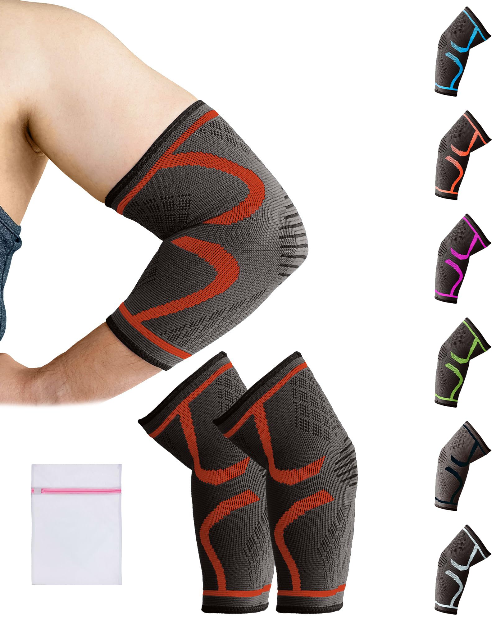 360 RELIEF Elbow Support for Men, Women, Kids, 2 Pack Compression Elbow Sleeve for Tennis, Golfers, Sports, Fitness, Gym, Weightlifting, Large, Red + Laundry Bag