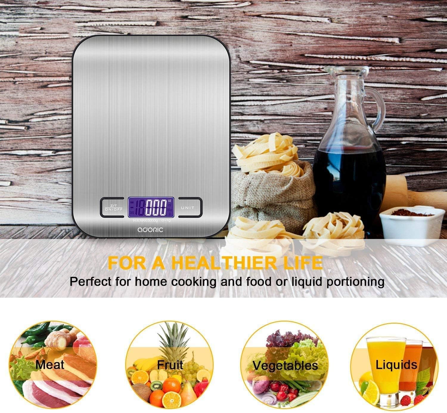 Digital Kitchen Scale Food Scale, 11 lb/5 kg Stainless Steel LCD Display Tare Function Automatic Shutdown Batteries Included, Silver: Kitchen & Dining