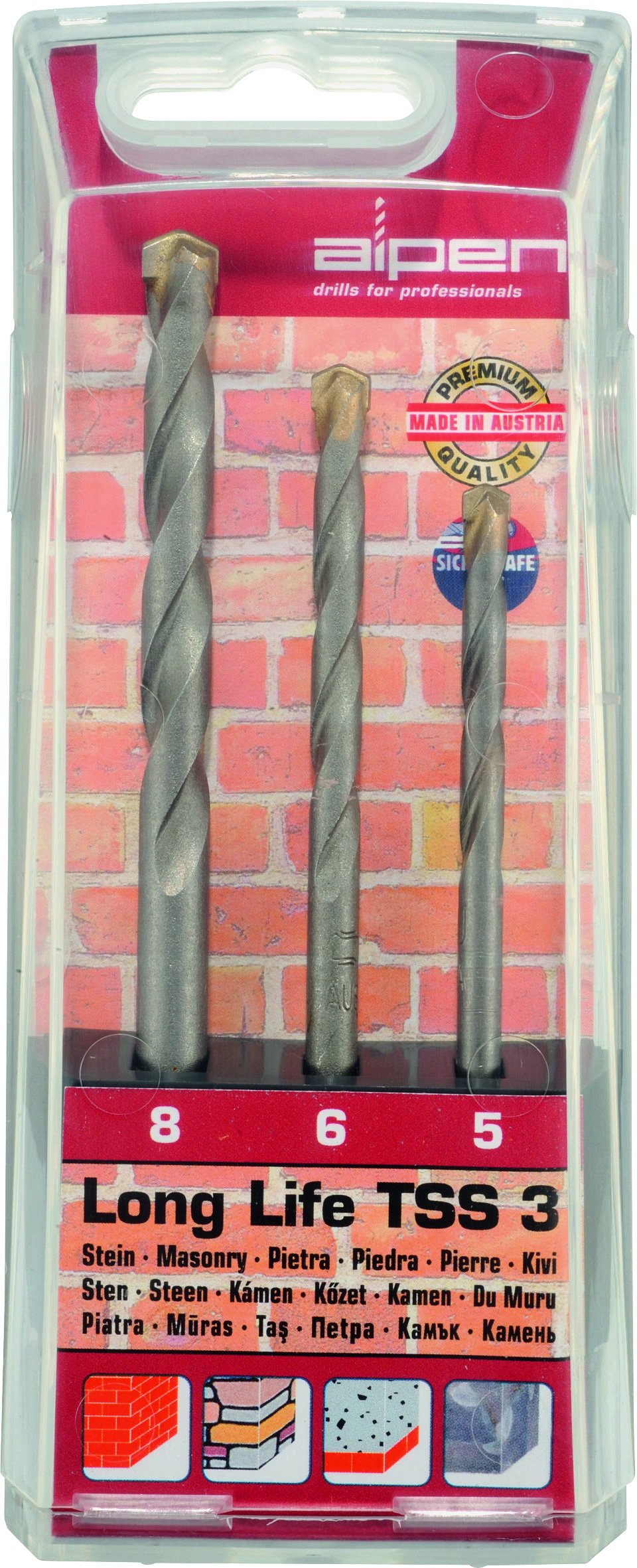 Alpen 700103100 3 Long Life TSS Tungsten Carbide Masonry Drill Bits, Grey, 5/6/8 mm