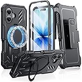 FNTCASE for iPhone 17 Phone Case: with Kickstand [Built-in Screen Protector & Belt Clip] [Compatible with MagSafe] Military-Grade Drop Protective Shockproof TPU Sturdy Magnetic Phone Cover Black