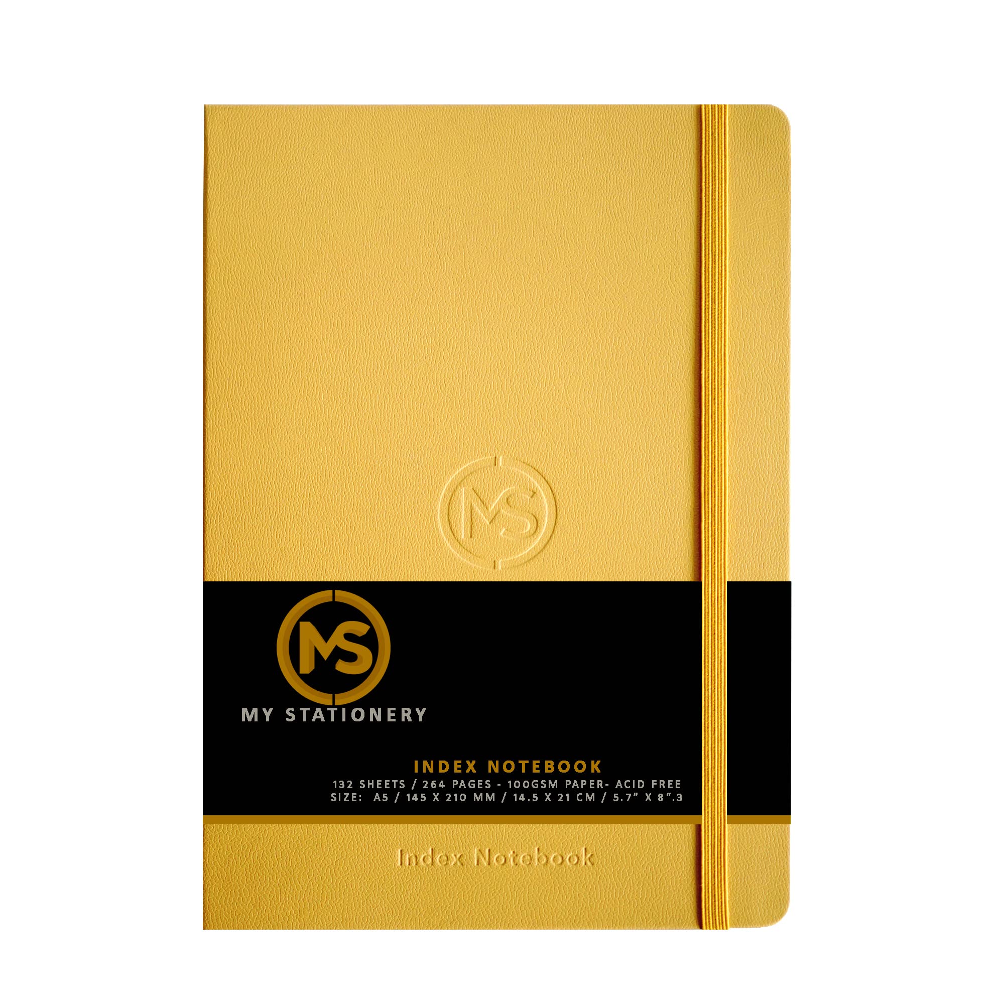 A5 Index Notebook Hardback Leatherette Cover 8mm Ruled Margin A-Z Tabs 208 Pages 100 GSM White Paper - Ochre Cover