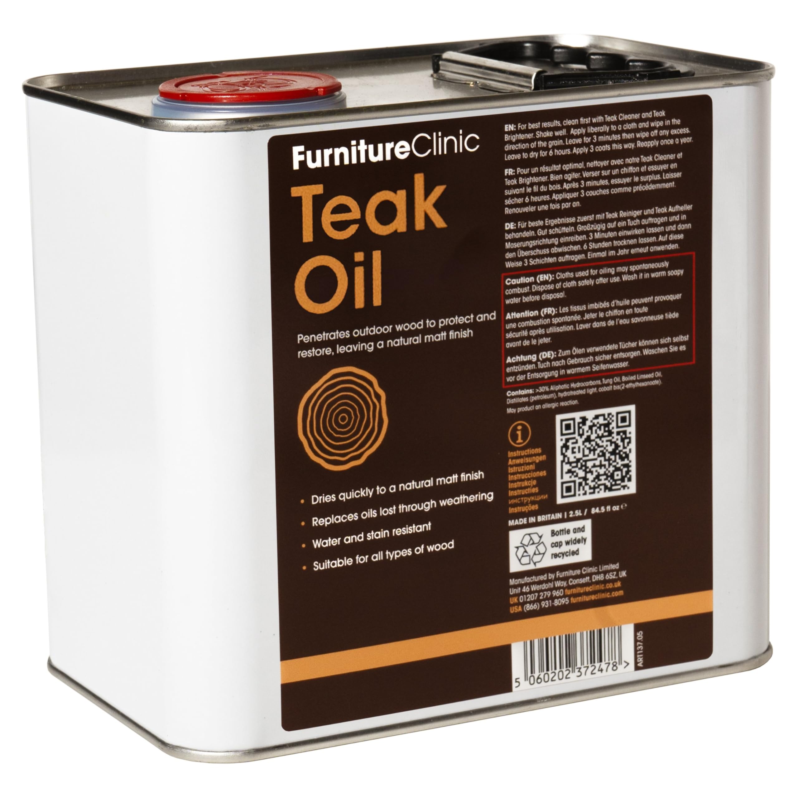 Furniture Clinic Teak Oil For Wood - 2.5L - Restore & Prevent Drying of Indoor & Outdoor Wooden Garden Furniture - Quick Drying Restorer & Protector Treatment, Natural Matt Finish