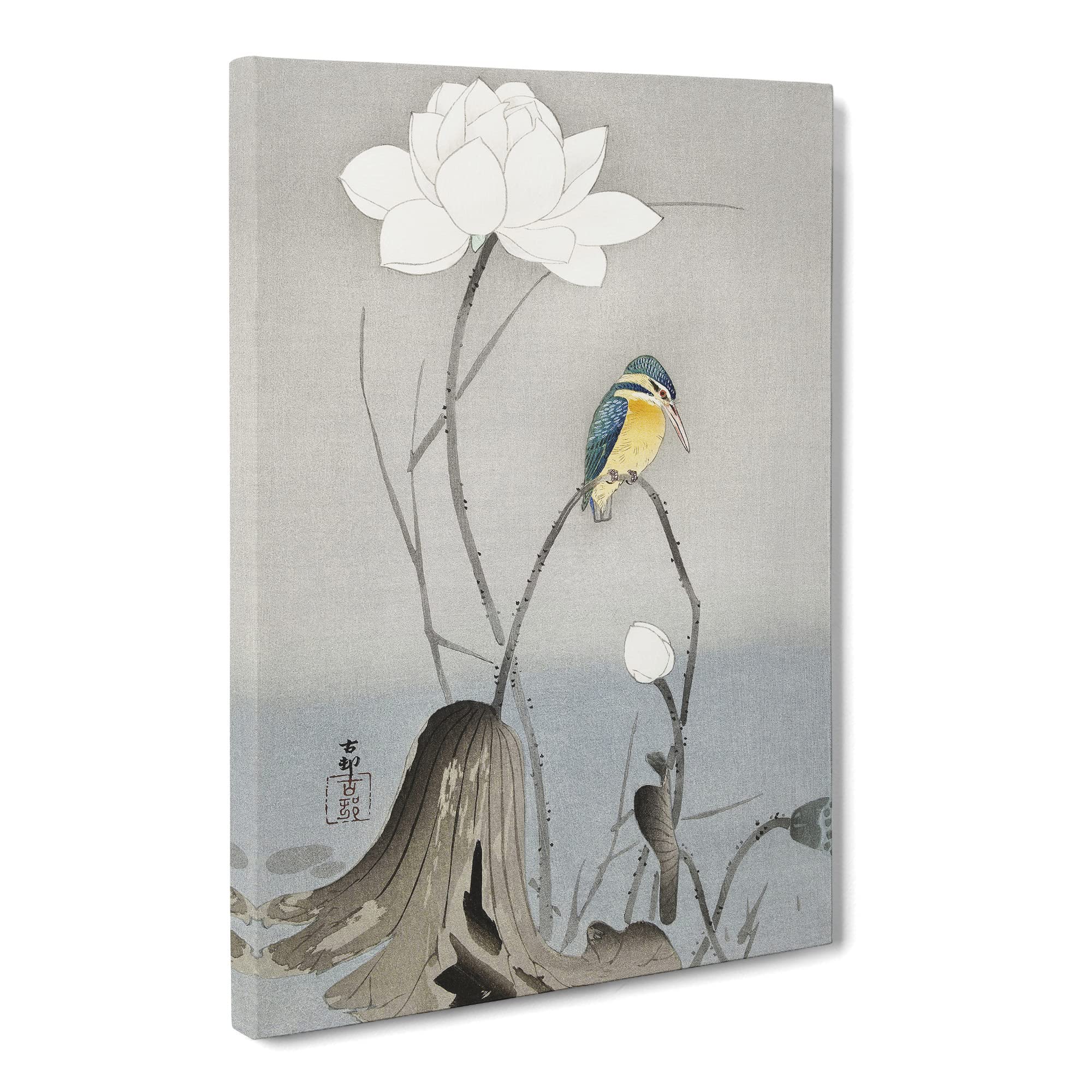Kingfisher With Lotus Flower By Ohara Koson Canvas Print | Gallery Wrapped 30mm Frame Wall Art | 20x14 inches | Ready to Hang | Asian Floral Picture | Living Room Bedroom Lounge Office