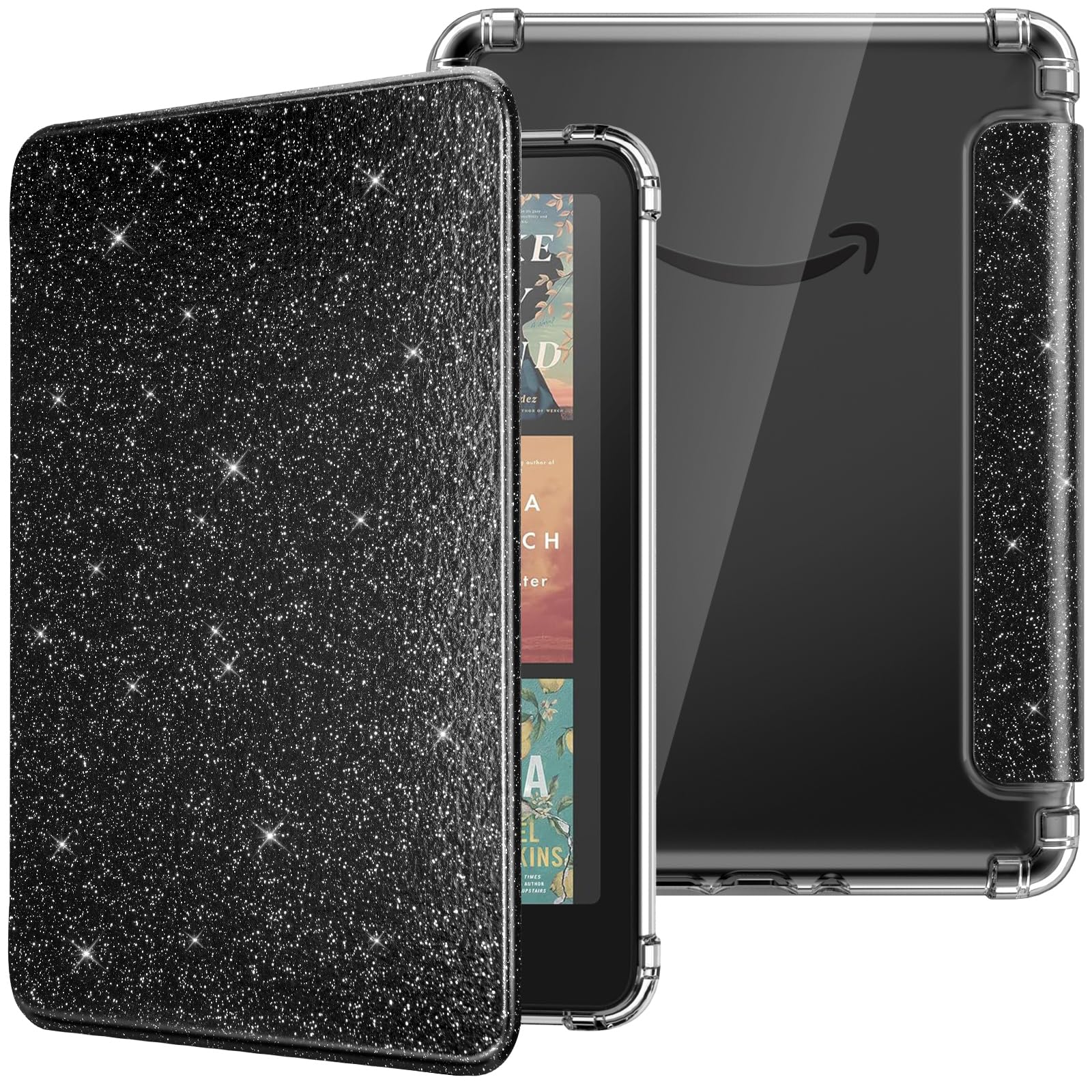 MoKo Case for All-new 7" Kindle Paperwhite 12th Gen 2024&Kindle Colorsoft Signature Edition 2024, Ultra Clear Soft Flexible Transparent TPU Back Cover Light Shell with Auto Wake/Sleep, Black & Glitter