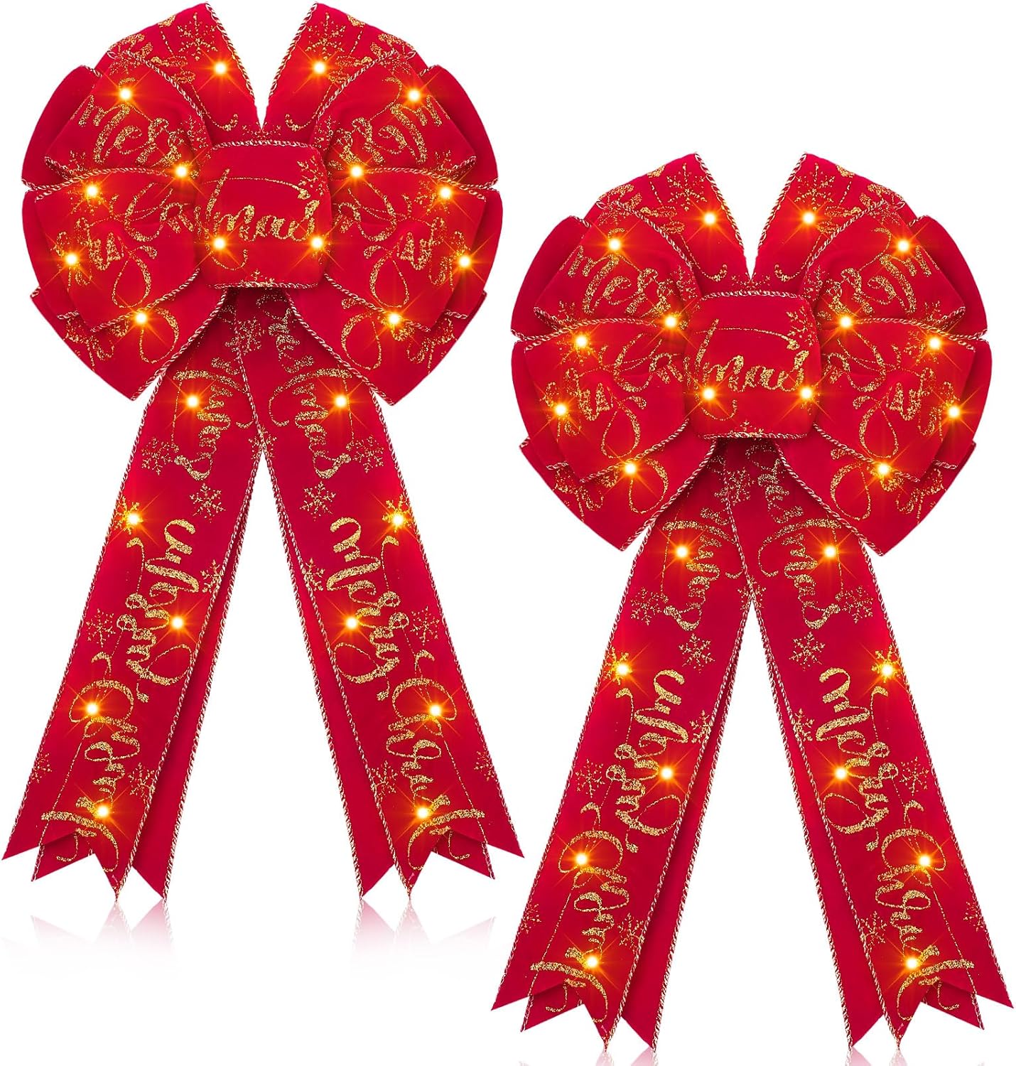 Bows & Ribbons - Wettal 2 Pcs Lighted Christmas Bows LED Tree Topper Decoration 18 x 10'' Large Glitter Xmas Wreath Bow Winter Front Door Ornaments for Wreath Indoor Outdoor Party(Red, Classic Style)