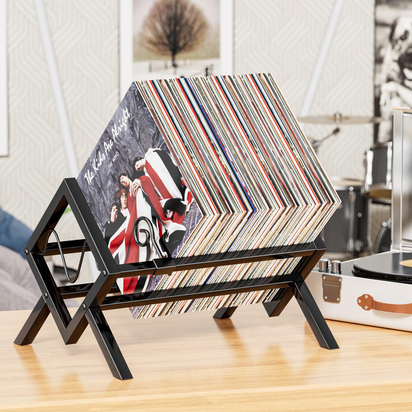 JANE EYRE Vinyl Record Stand – Metal Vinyl Record Holder for 80–100 LPs, Vinyl Storage Rack and Audio Album Shelf, CD Display Stand for Living Room, Office, Game Room and Studio, Black