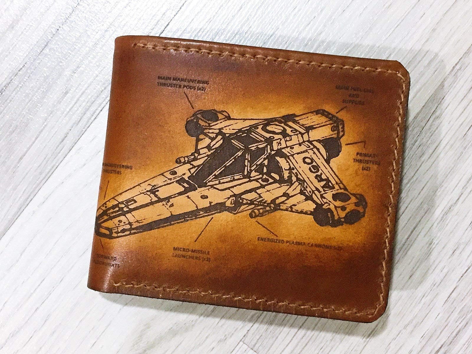 Spaceship starship genuine leather handmade bifold men wallet slim Personalized gift customization