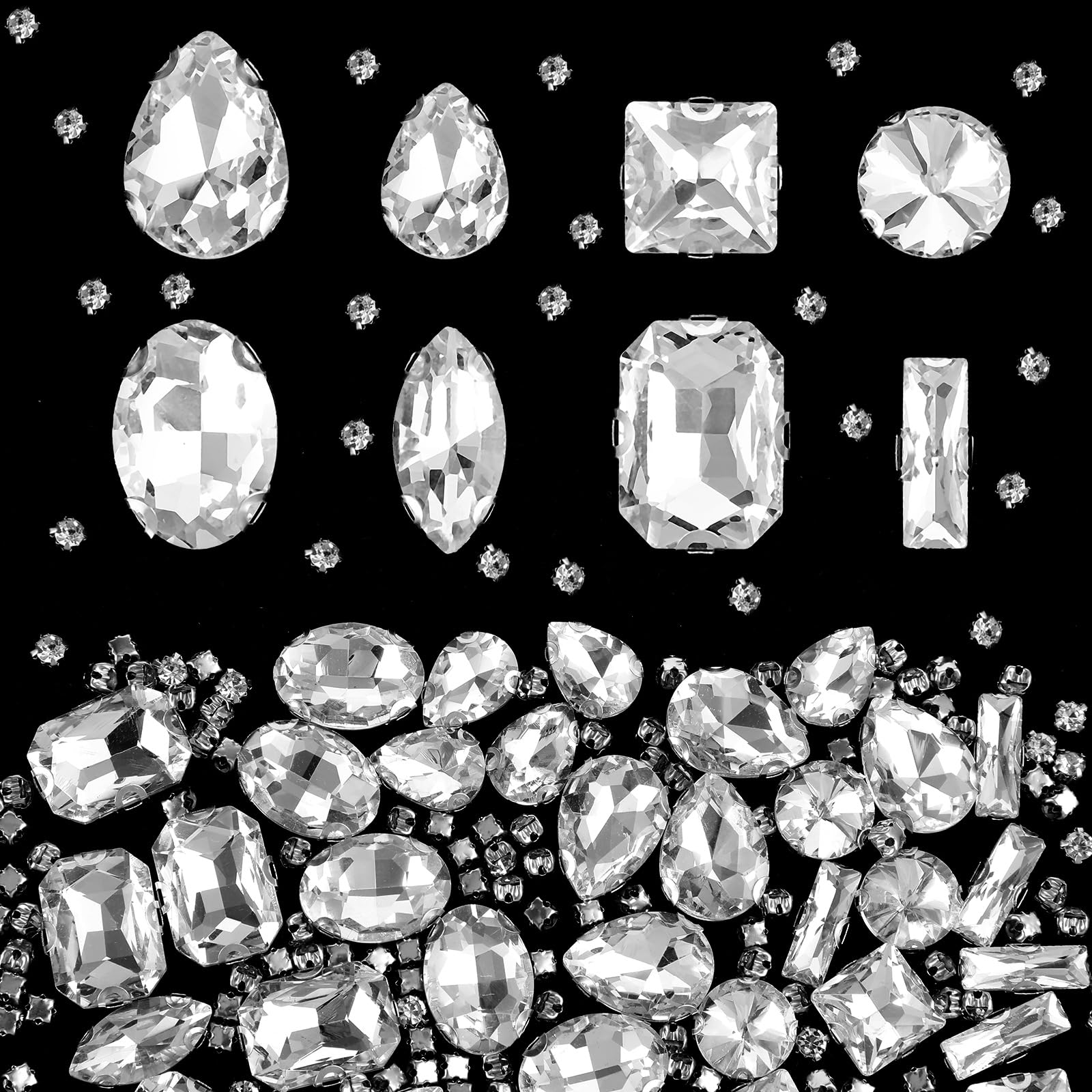 240 PCS Rhinestones for Clothes White Flat Back Sew on Crystals Mixed Shapes Flatback Claw Crystal Rhinestone Non-Stick Glass Sewing Gems for Clothes Shoes Jewelry Making DIY Crafts (White)