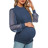 FMEYOA Women's Maternity Shirt Long Sleeve Top Swiss Dot Mock Neck Ribbed Knit Striped Ruched Side Blouse