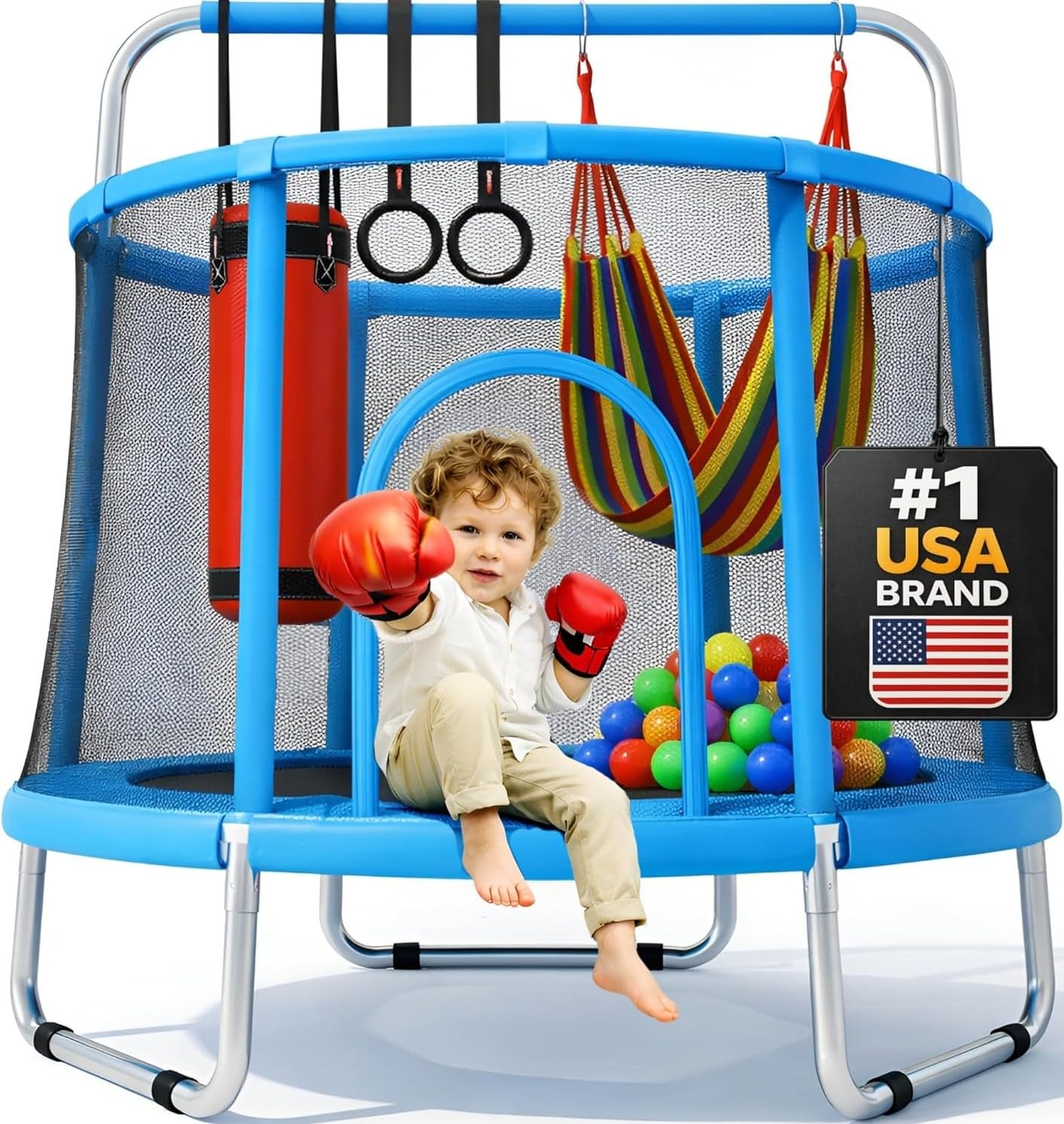 Happin® 55’’ Trampoline for Kids with Safety Enclosure, Indoor & Outdoor Toddler Trampoline, Ultra Safe Design with Multi Activity Accessories, Perfect for Boys & Girls Ages 1–8 Image