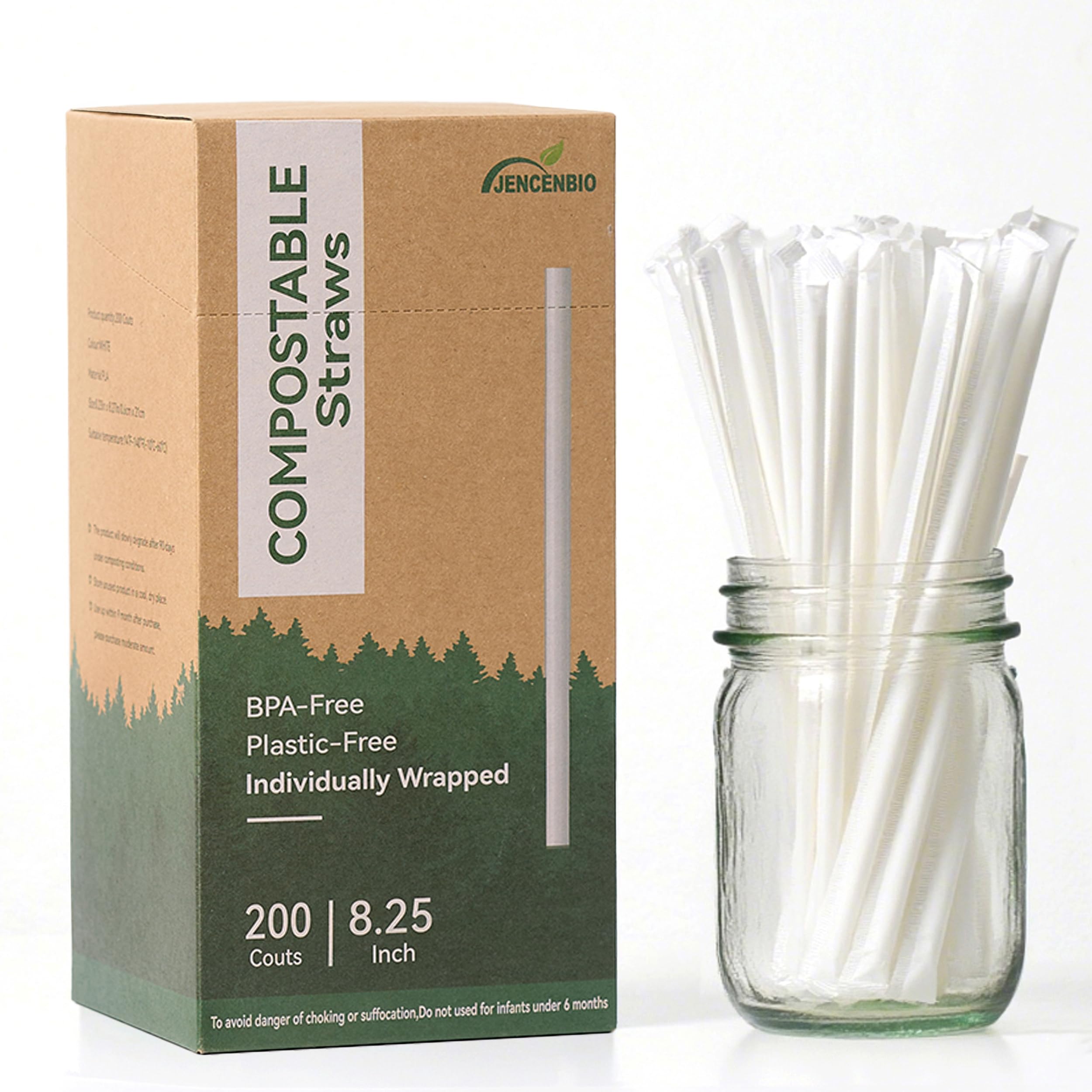 Photo 1 of *** BOXES IS BENT ***JENCENBIO 200 PCS Individually Wrapped 8” Compostable Straws Compost Disposable Drinking Straw for Party White