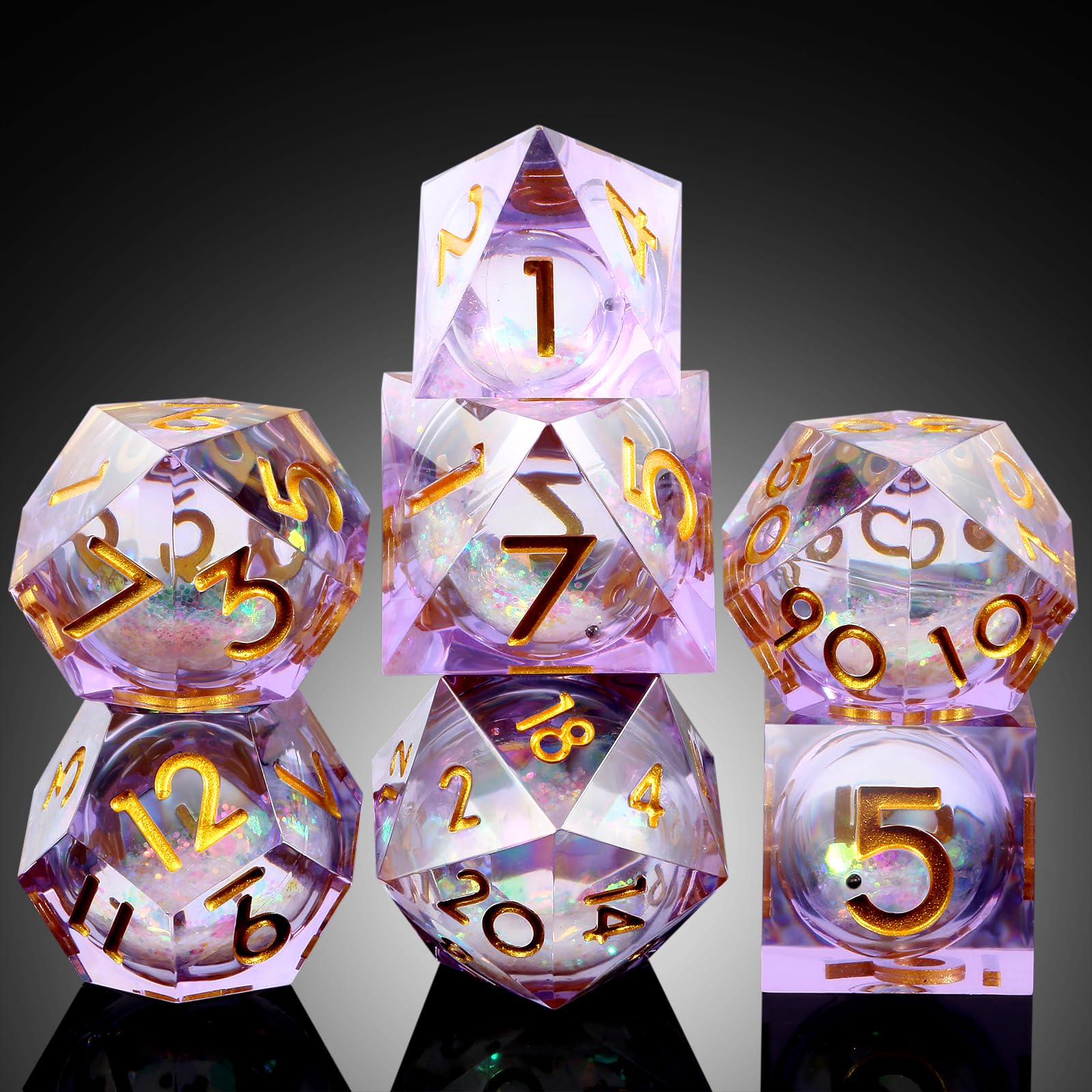Lilac Liquid Core DND Sharp Dice,DNDND 7PCS Glitter Sparkle Sharp Edge D&D Dice with Gift Case for Dungeons and Dragon Game (Lilac) โ image 1