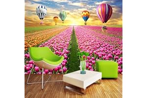 Tulip Flower Sea And Hot Air Balloon Wall Mural Wallpaper, Removable Self-Adhesive 3D Mural Wallpaper For Kindergarten Bedroo