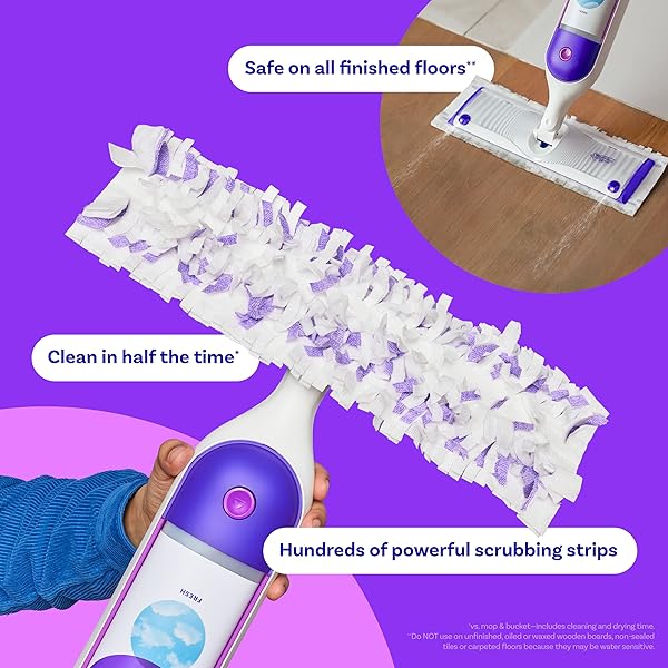 SWIFFER POWER MOP REFILL PACK, FLOOR CLEANER FOR MOPPING TILE, VINYL, LAMINATE, WOOD IN HOME, BATHROOM, KITCHEN, ALL PURPOSE MULTI-SURFACE CLEANING, 5 PADS + 1 LAVENDER SOLUTION