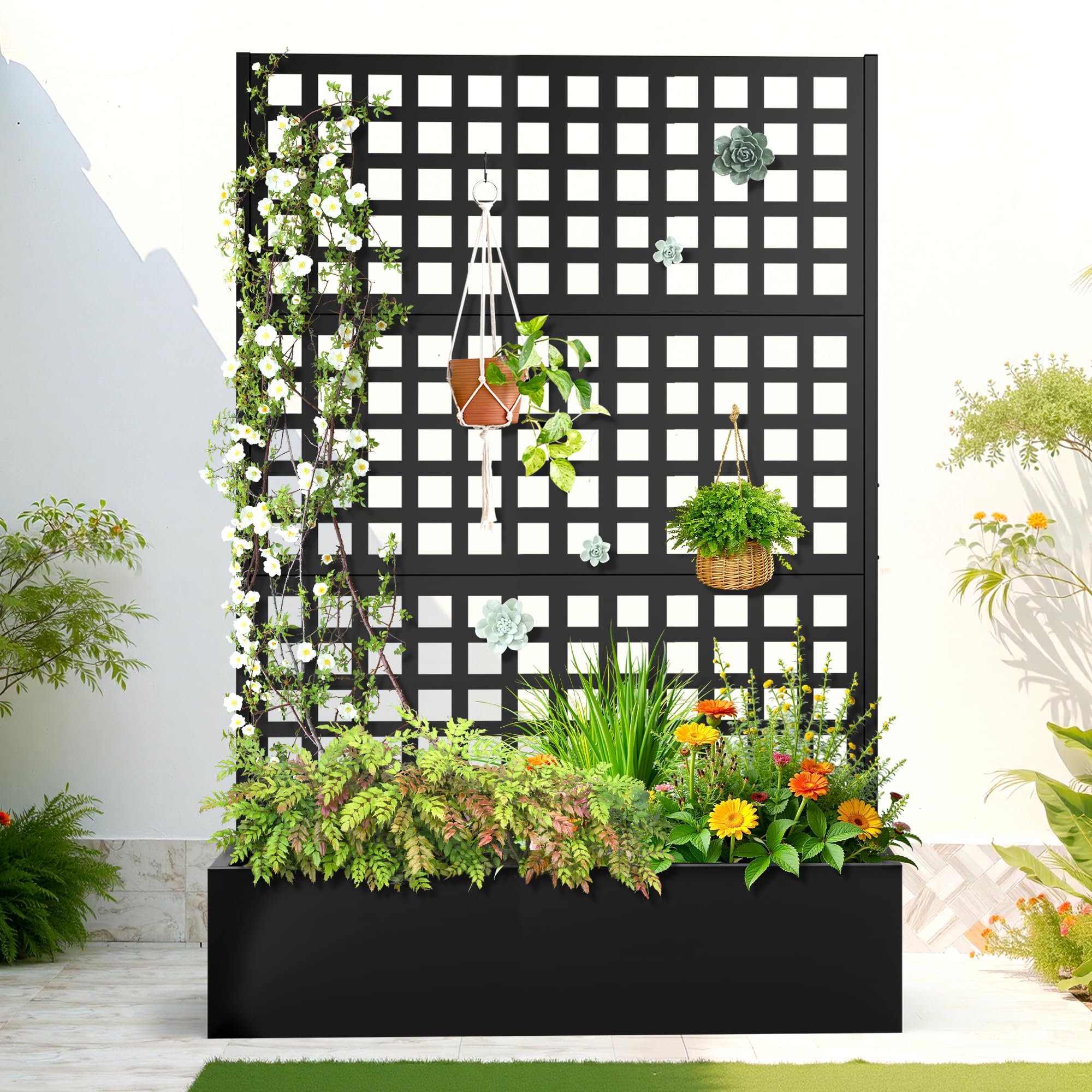 Photo 1 of FENCY Metal Raised Garden Bed with Trellis, Metal Planter Box with Trellis, Garden Box for Climbing Plants Vegetable, 47''Lx16''Wx71''H Garden Bed with Drainage Holes(Black)