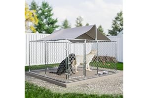 RITSU Outdoor Dog Kennel with Roof, Large Outside Dogs House, Chain Link Pet Enclosure Cage w/Lock Galvanized Steel Pen Waterproof Fence for Backyard, 90 x 90 x 65 Inch