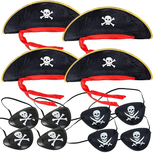 16 Accessoires Pirate - 8 Chapeaux + 8 Cache-œil Feutre - Halloween Cosplay