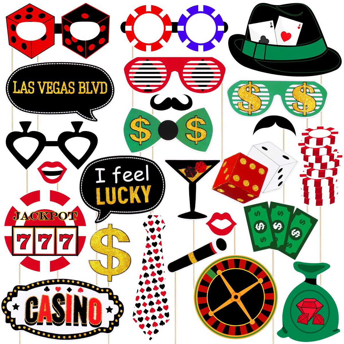 Amosfun Las Vegas Casino Photo Booth Props Las Vegas Night Party Decorations Glitter Selfie Props Creative Party Suppliespack Of 24