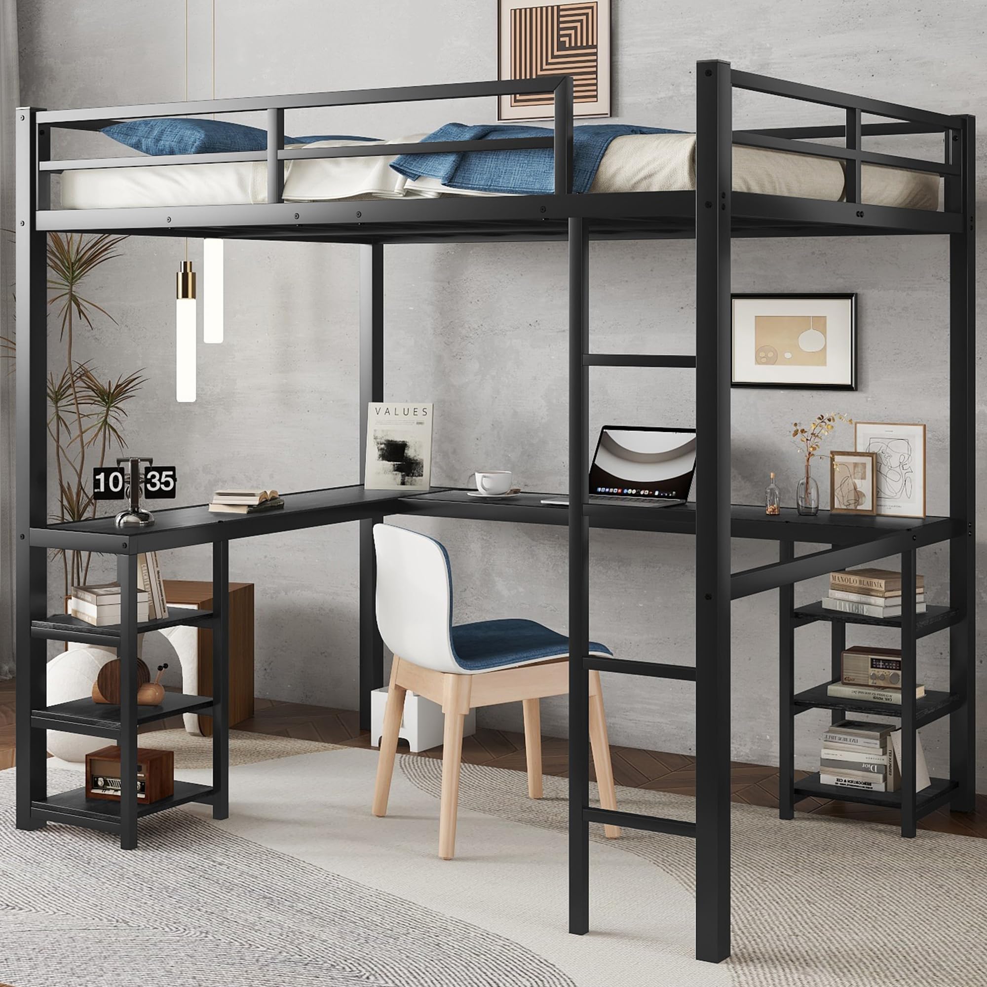 Photo 1 of *Partial Set* Full Size Loft Bed with Desk and Storage Shelves, Heavy Duty Metal Loft Bed with Black Desk and Guardrail, Full Size Loft Bed for Kids, Teens(Full Black Desk) Half a set
