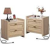 SICOTAS Rattan Nightstands Set of 2 Bedside Table - Bedroom Night Stand with Type-C Charging Station, 2 Drawers Storage - Boho Night Stands End Table for Bedroom Office - Light Oak