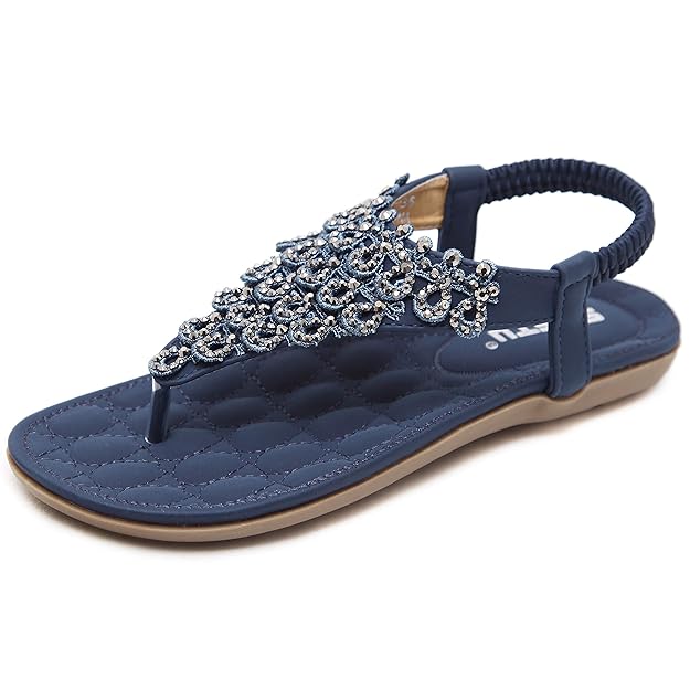 Woky Damen Sommer Sandalen mit Strass Perlen Bohemia Strand Schuhe Freizeit Flach Sandalette Größe 34-44