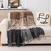 Boho Throw Blanket, Chenille Jacquard Tassels Throw Blankets for Bed Couch Soft Chair， Bohemian Fringe Tassels (Black, S:60x75)