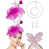 Bniksok 1920s Vintage Fascinators Hat Set for Women Tea Party Hats Veil Mesh Feather Headband Lace Gloves Set