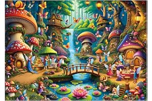 Rocorose Jigsaw Puzzle for Adults, 1000 Pieces Fairyland Mushroom House Puzzle Colorful Fairy Cottage Puzzle Challenging Fami