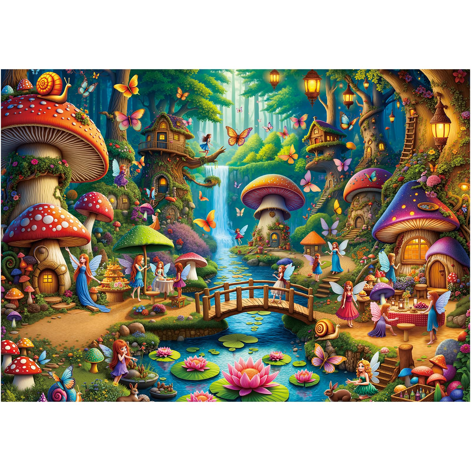 Rocorose Jigsaw Puzzle for Adults, 1000 Pieces Fairyland Mushroom House Puzzle Colorful Fairy Cottage Puzzle Challenging Family Perfect for Game Nights Party Butterfly Flower Decoration
